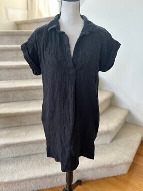 J.Crew Black Gauze Cotton Short Sleeve Knee Length Popover Shirt Dress